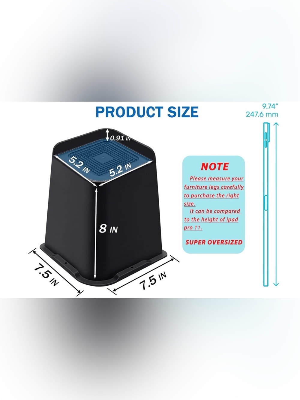 Black Furniture Riser Lifts - 8”: Heavy Duty: Set of 4: oversized - Picture 2 of 6